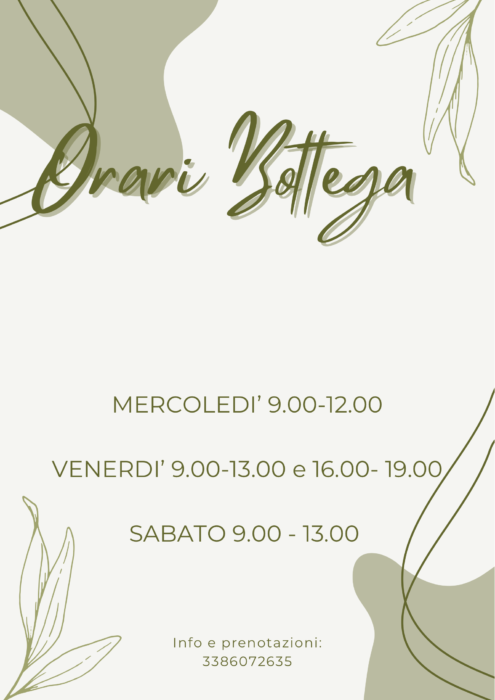 ORARI AUTUNNO
MERC 9.00-12.00
VEN 9.00-13.00 E 16.00-19.00 E 
SAB 9.00-13.00